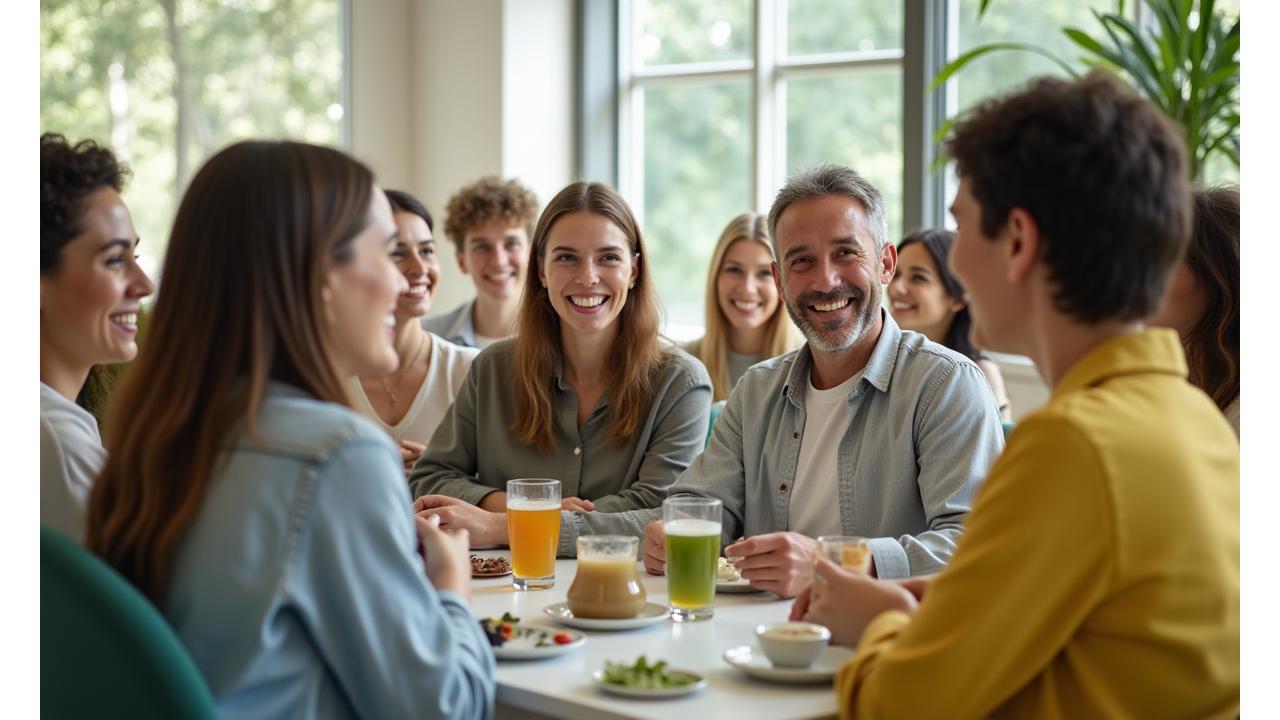 Glückliche Gruppe von Menschen, die sich in einer freundlichen Gemeinschaft treffen und austauschen, symbolisierend Lebenslust Wellness Community