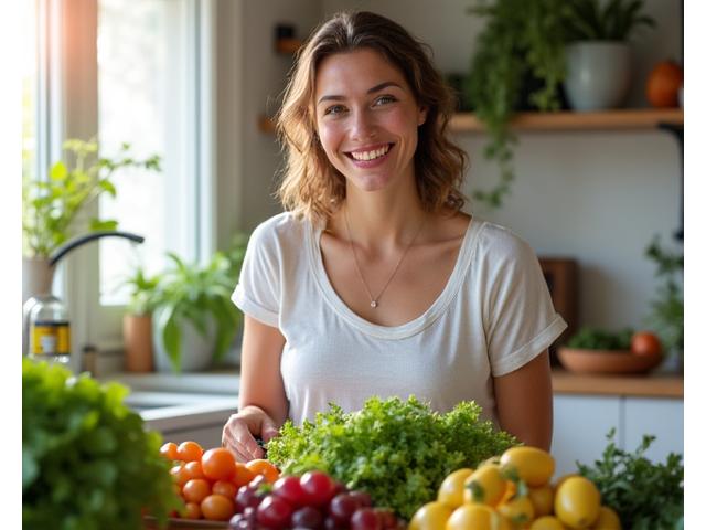Glückliche Frau, die einen frischen Salat zubereitet, umgeben von Obst und Gemüse