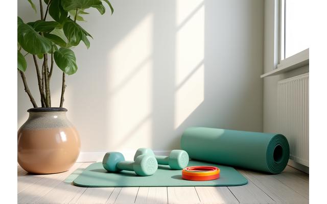 Übersichtliches Home-Gym mit Matte, Hanteln und Widerstandsbändern.