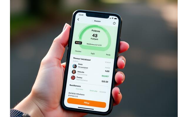 Smartphone-Bildschirm zeigt eine Fitness-App mit Fortschrittsanzeige und Social-Features.
