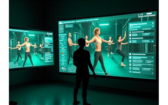 Bildschirme zeigen einen Fitness-Kurs mit mehreren Kamera-Perspektiven und HD-Qualität.