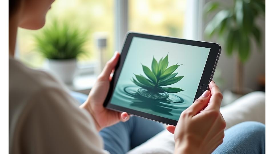 Frau liest Blogartikel auf Tablet, umgeben von frischen Früchten und einem Notizbuch.