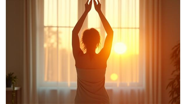 Person streckt sich morgens im Sonnenschein