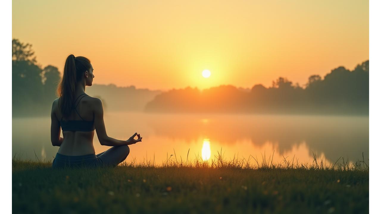 Frau meditiert im Sonnenaufgang, symbolisiert Ruhe und Wohlbefinden