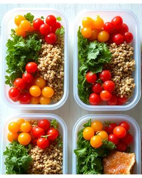 Illustrierter Meal-Prep-Guide mit gesunden Mahlzeiten