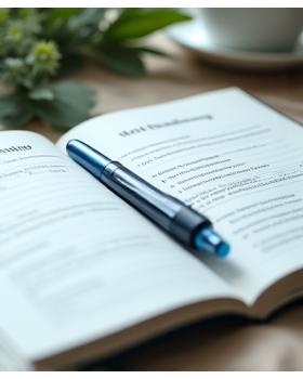 Workbook mit Stift zum Thema Stressmanagement