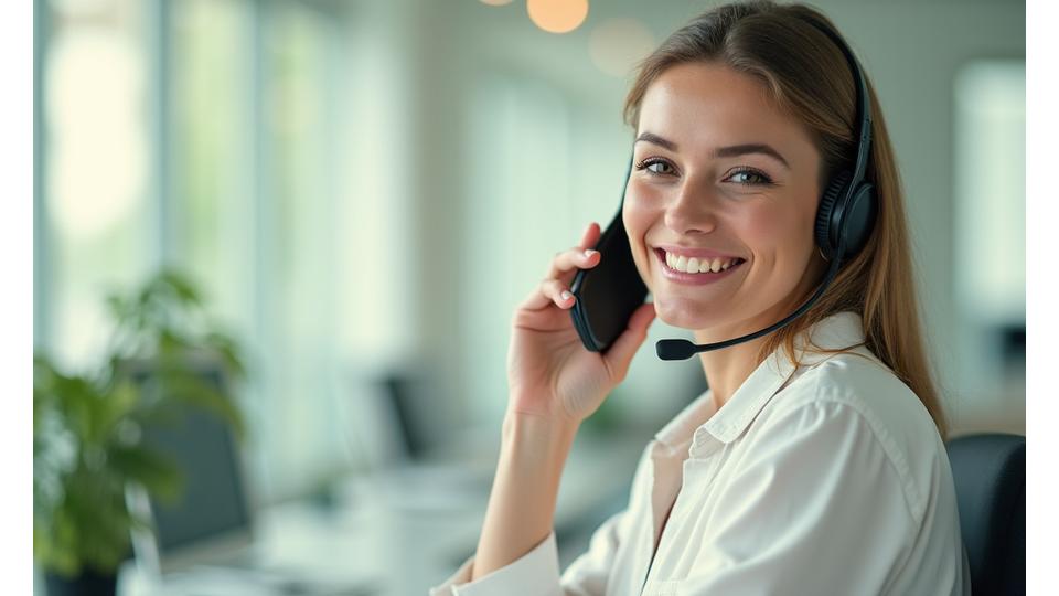 Freundliche Person am Telefon, lächelnd und bereit zu helfen