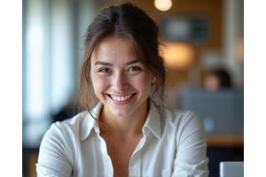 Porträt einer fokussierten jungen Frau namens Anna, die Energie und Produktivität ausstrahlt.