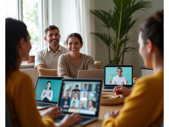 Lachende Frau nimmt an einem Online-Wellness-Workshop teil, auf dem Bildschirm sieht man einen Trainer und andere Teilnehmer. Fokus auf Freude und Interaktion.